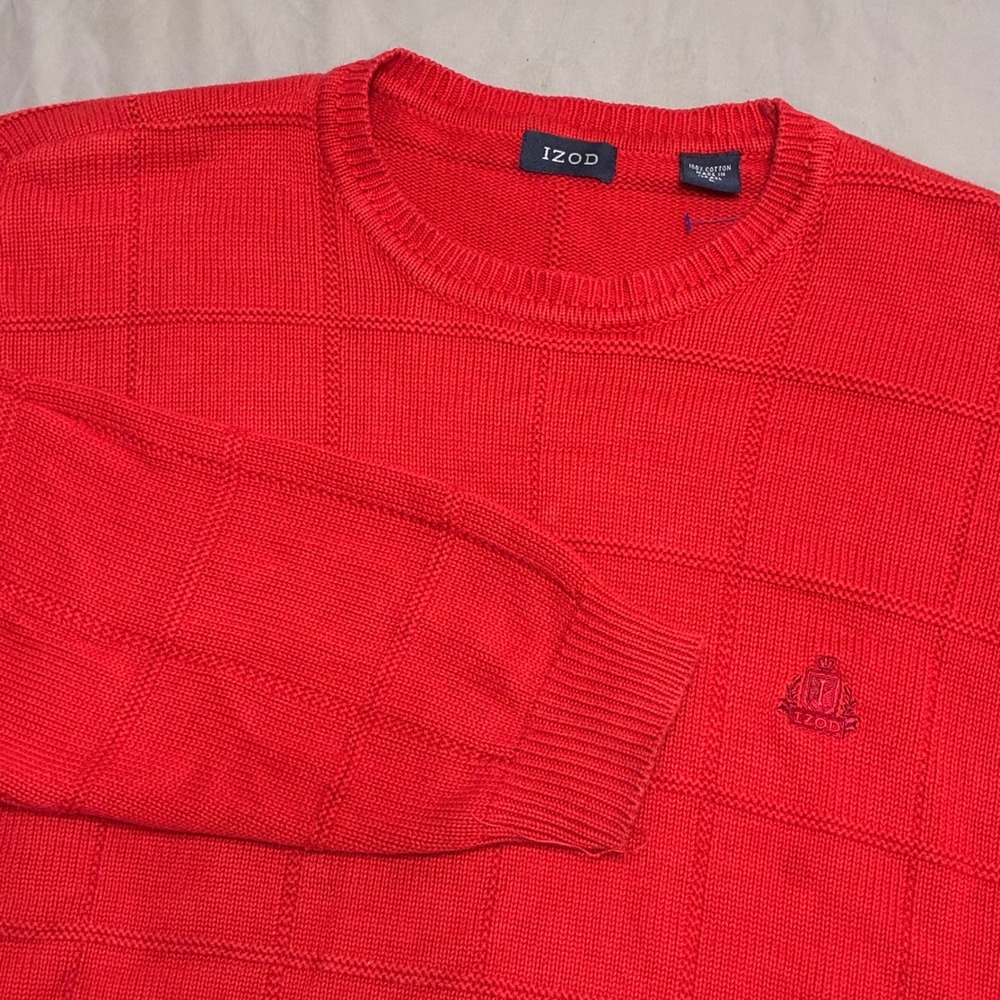 IZOD Mens Red Cotton Knit Crewneck Sweater Grid Textured Logo Size L